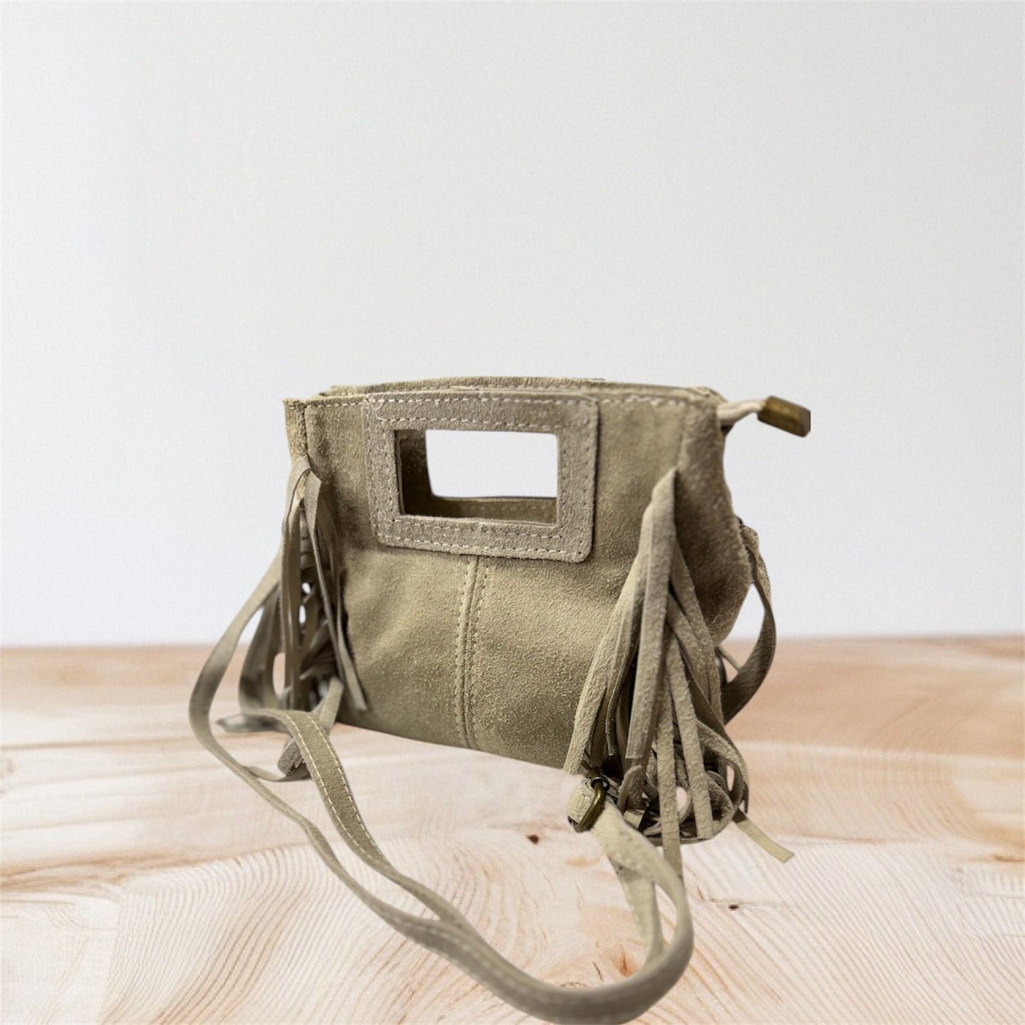 Sac à Main Mini en Cuir Beige avec Bandoulière et Franges - Fabriqué en Italie